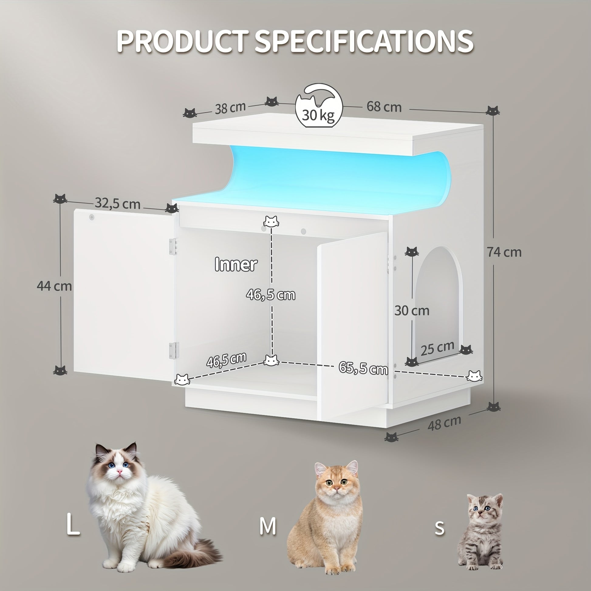 Cat Litter Box Cabinet with Shelf and Remote Controlled Light Bar - Hidden Indoor Cat House for Large Cats, 68 X 48 X 74 Cm, White - Quality Shopping Centre