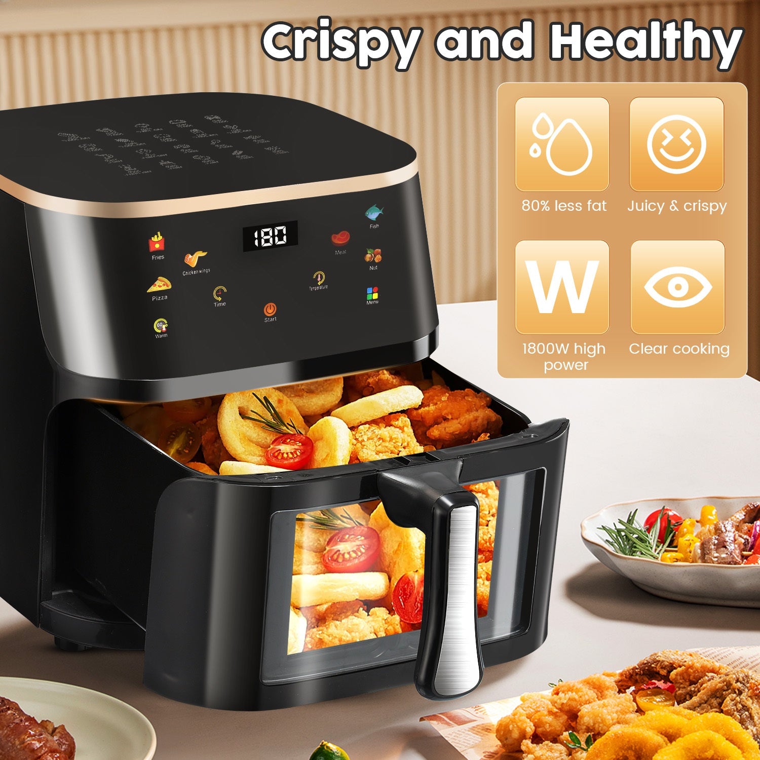 Black air fryer with a clear cooking window, digital display, and preset cooking functions.