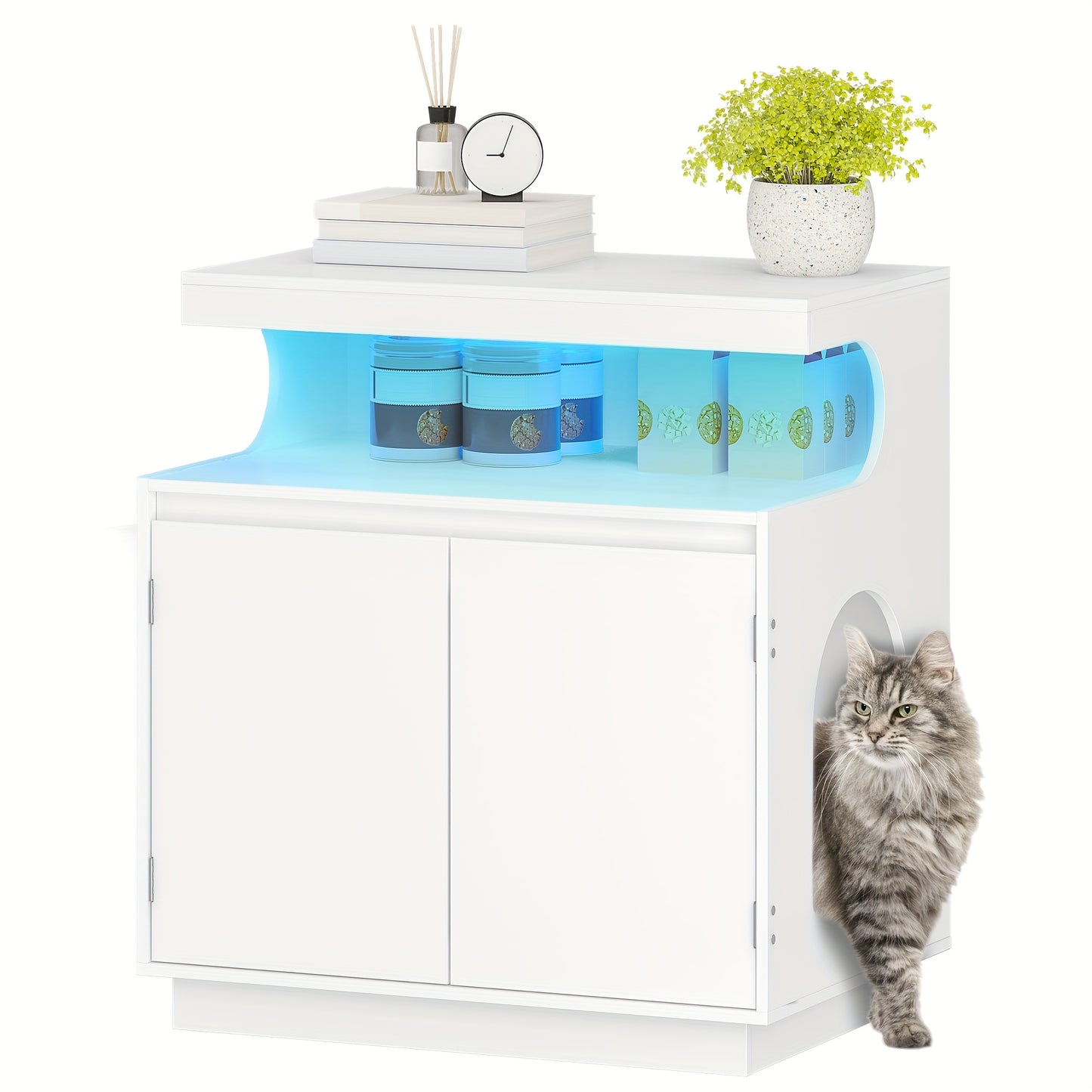 Cat Litter Box Cabinet with Shelf and Remote Controlled Light Bar - Hidden Indoor Cat House for Large Cats, 68 X 48 X 74 Cm, White - Quality Shopping Centre