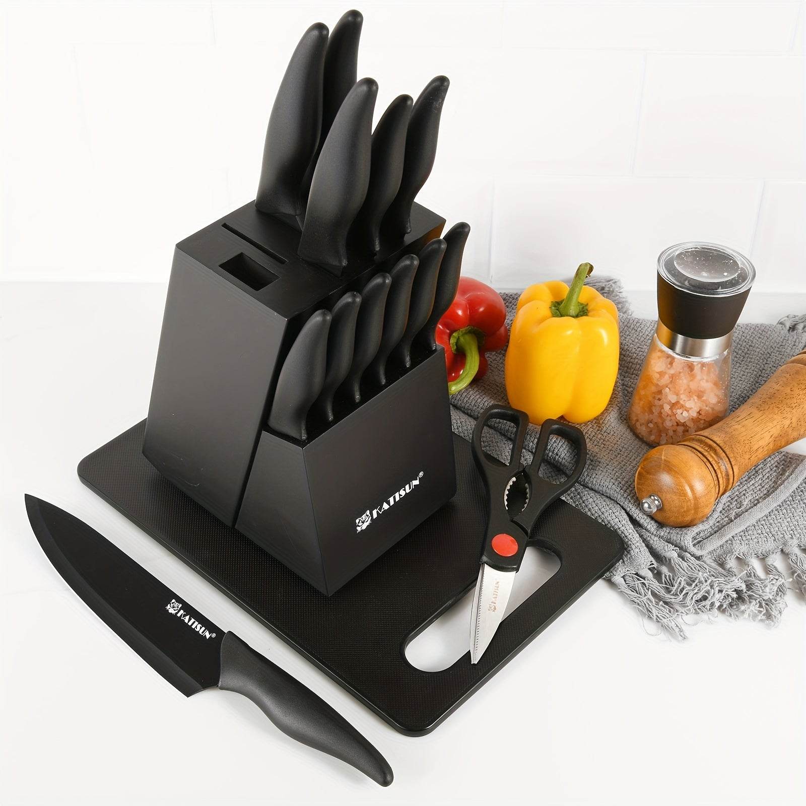 Non-stick Coating Stainless Steel Kitchen Knife Set, 15 Pieces Professional Kitchen Knife Set with Black Wooden Block, Non-slip ABS Handle for Chef Knives, Plastic Cutting Board and Kitchen Shears, Natural Black Wood Block - Quality Shopping Centre