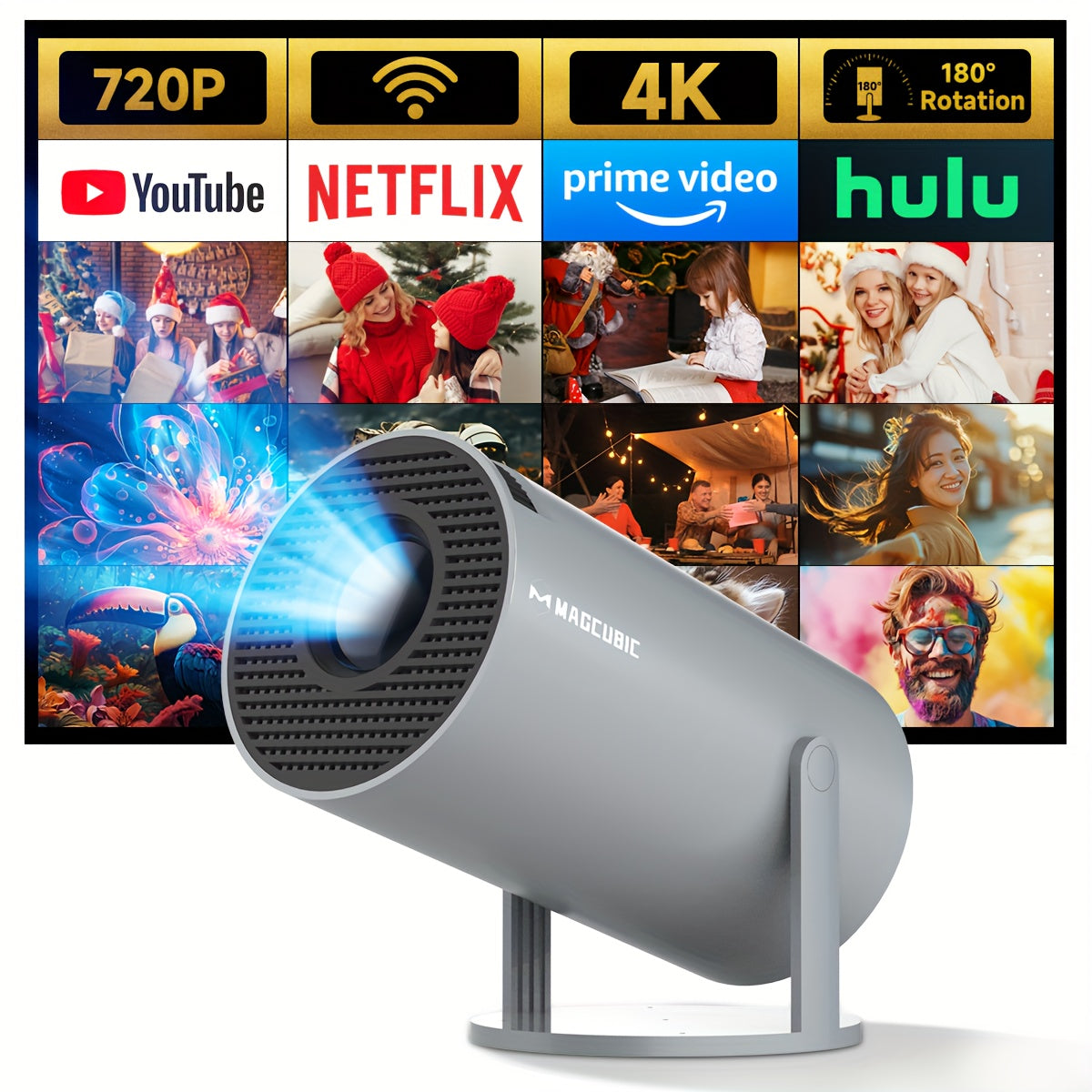 Magcubic HY300 Pro Mini Projector, 720P HD Native Resolution, 260ANSI Lumens, 16:9 Aspect Ratio, Table Mount, Remote Control, Wi-Fi & Wireless 5.0, 4K Auto Correction, Android 11.0, Allwinner H713, EU Plug, 220-240V Power Sup