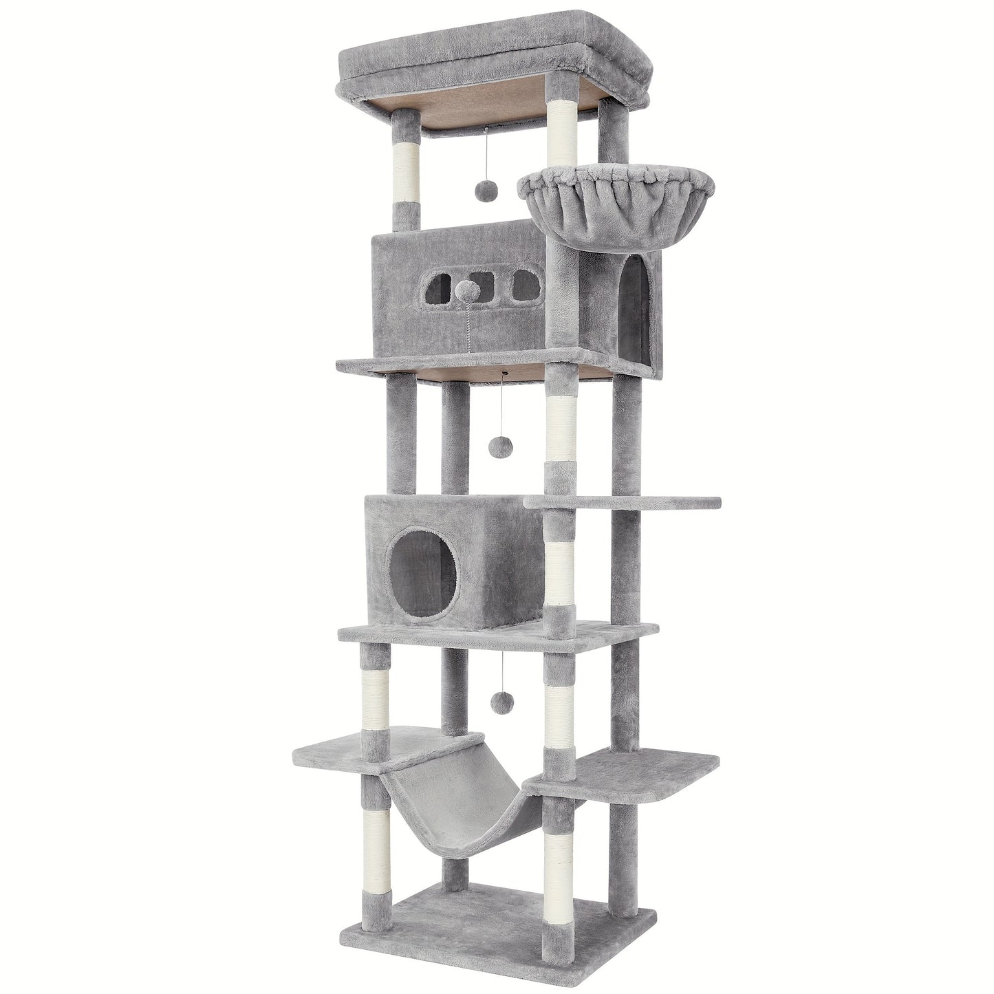 A Large Cat Tree, 210 Centimeters Tall, with 8 Scratching Posts, Cushions, 2 Holes, Washable Mats, Hammock, Plush Balls, Multi-Level Large Cat Tree, Light Grey