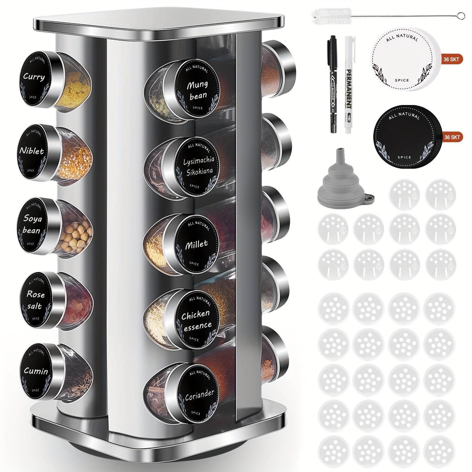 Miorkly Quadrat Spice Rack, with 20 Spices Jars, 360 Degree Rotating Stainless Steel Spice Turntable, Spice Storage Box, Vertical Spice Rack, Spices Jar with Dispenser, Spice Bottle - Quality Shopping Centre