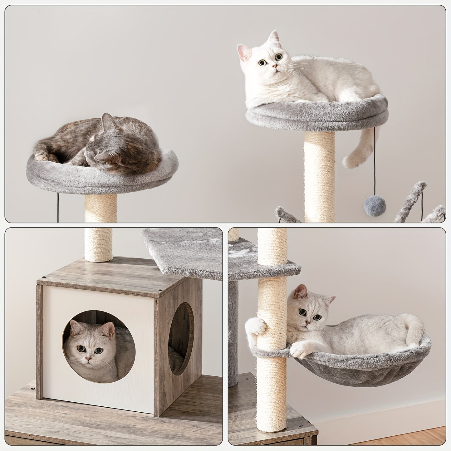 All-in-One Cat Tree Tower with Built-in Litter Box Cabinet - Multi-Level Scratching Post & Plush Ball Perches for Large Cats & Multi-Cat Homes in Vintage Brown & Grey - Quality Shopping Centre