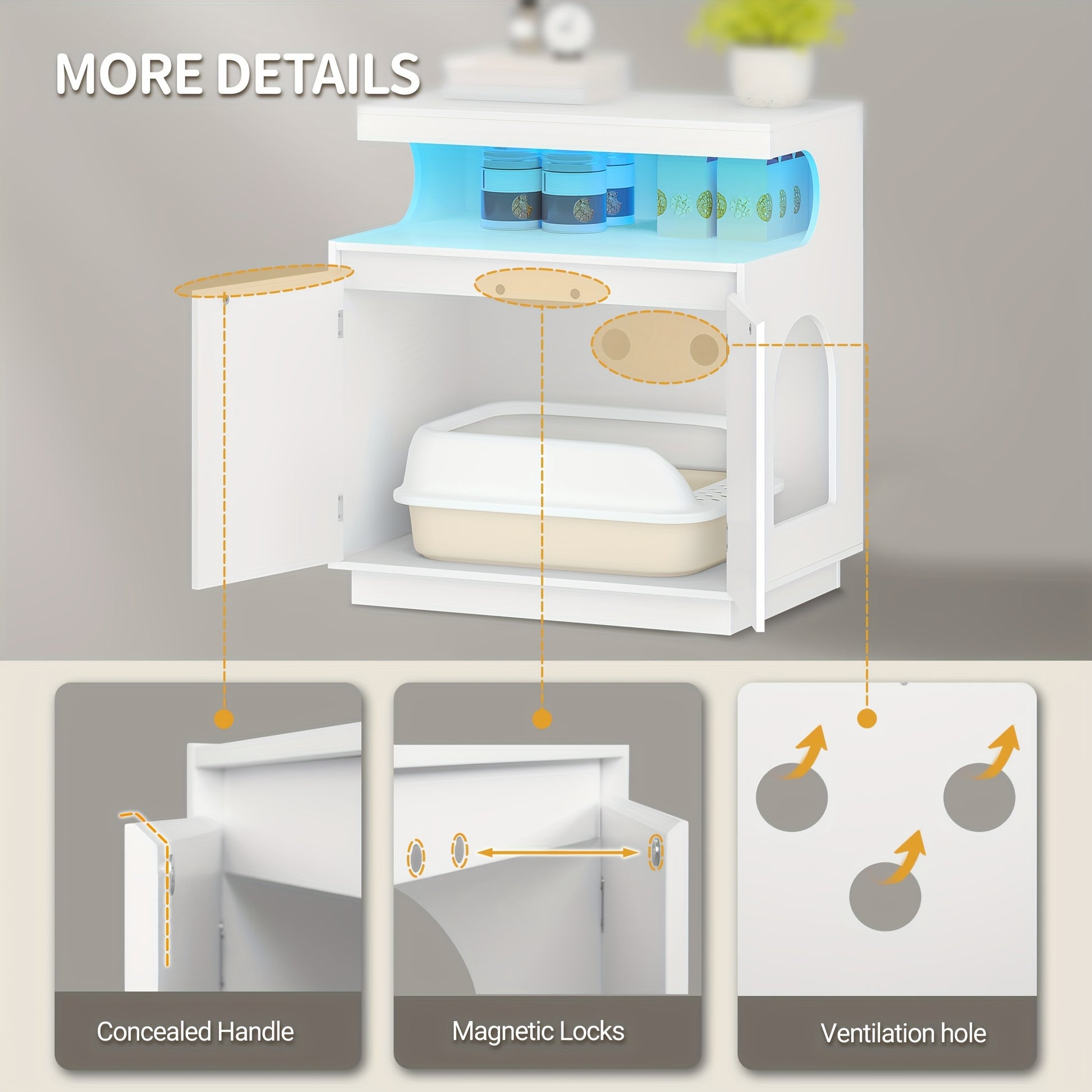 Cat Litter Box Cabinet with Shelf and Remote Controlled Light Bar - Hidden Indoor Cat House for Large Cats, 68 X 48 X 74 Cm, White - Quality Shopping Centre