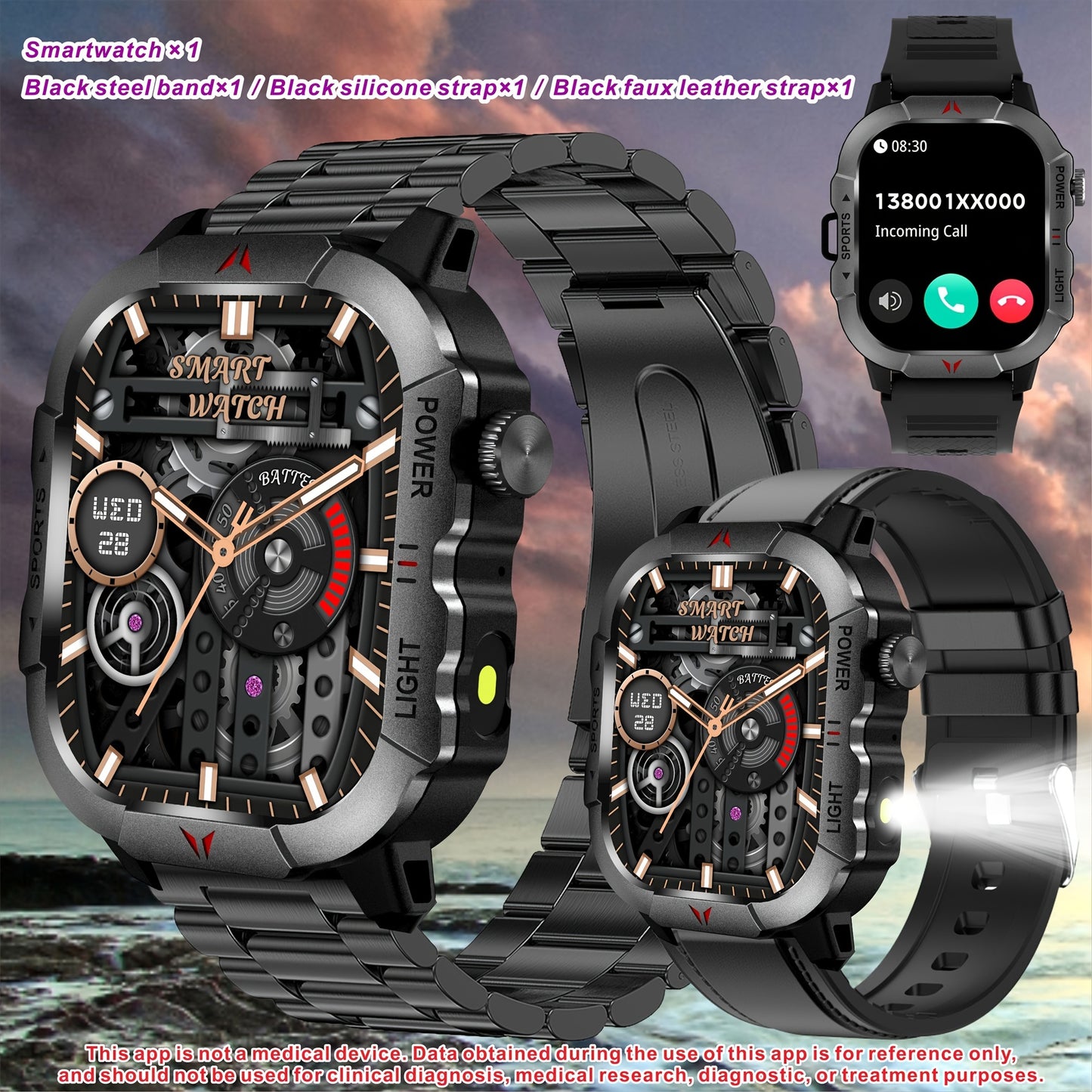 Men'S Outdoor Sports Smartwatch with 3 Different Straps, Wireless Calling And Information Prompts, 2.01-Inch High-Definition Full Touch Screen,, Flashlight, Multiple Sports Modes, Compatible with Iphone And Android Phones, Me