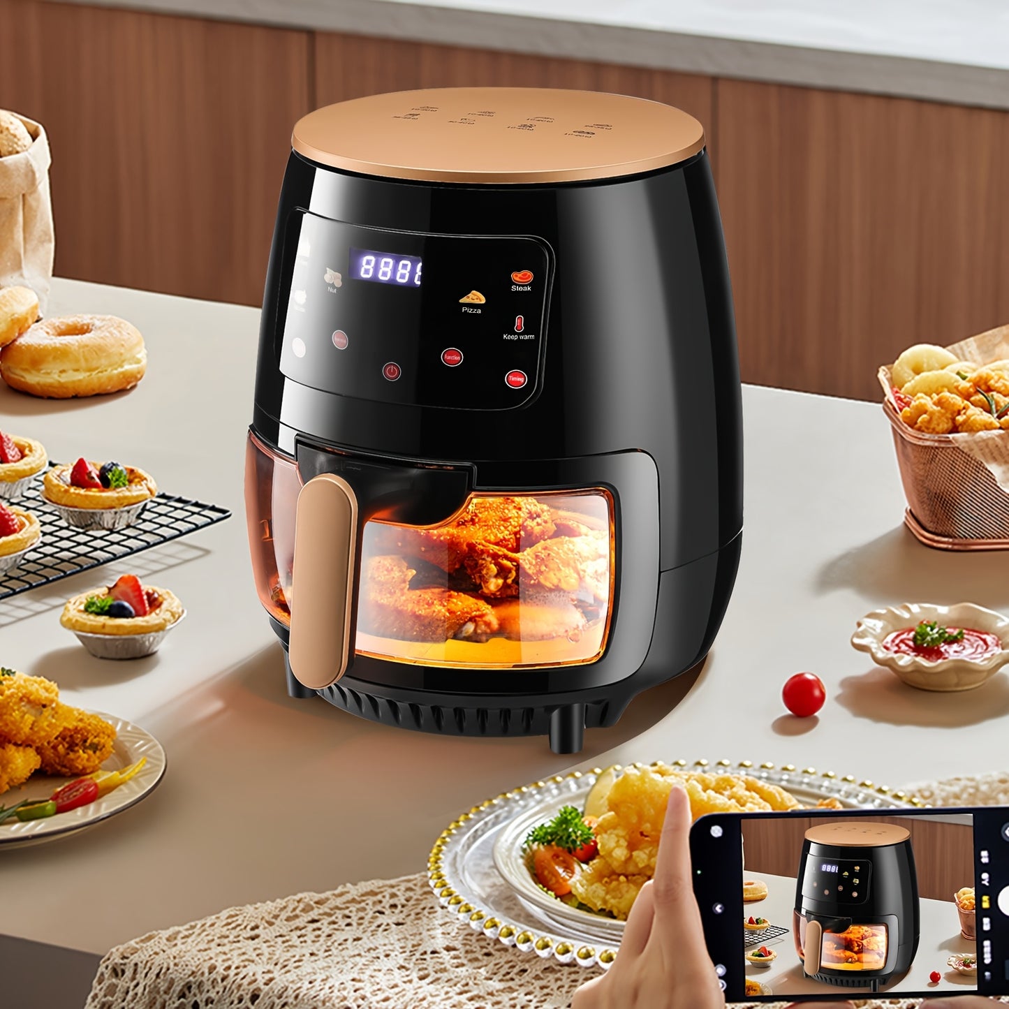 Hot Air Fryer, 6 Litres, Air Fryer, Digital LED Touchscreen, Viewing Window, 6 Cooking Functions, Preheating And Keeping Hot, Oil Free, 1700 W