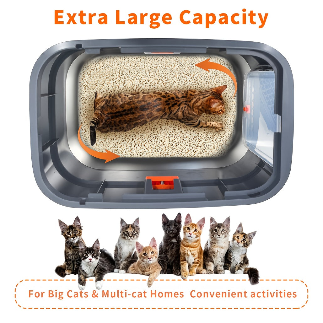 Extra Large Cat Litter Box with Cover - Front Entry/Top Exit Design, Durable Stainless Steel with Built-in Golden Metal Scoop, Easy-Clean Rectangular Litter Pan for Large Cats & Kittens in Modern Grey - Quality Shopping Centre