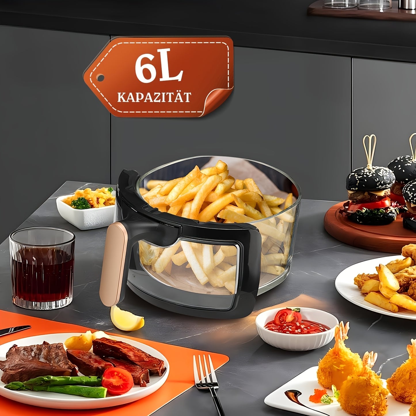Hot Air Fryer, 6 Litres, Air Fryer, Digital LED Touchscreen, Viewing Window, 6 Cooking Functions, Preheating And Keeping Hot, Oil Free, 1700 W