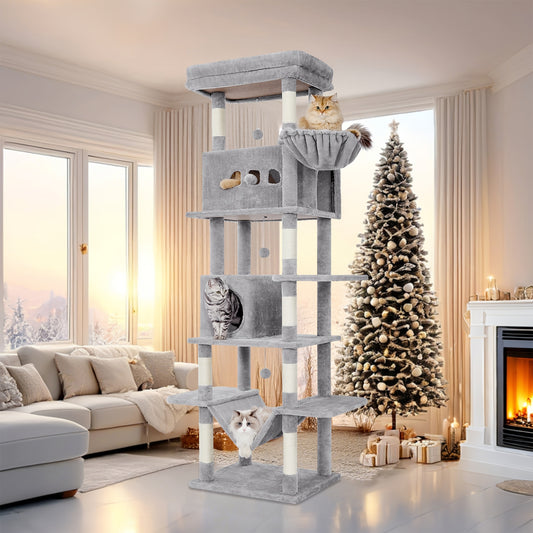 A Large Cat Tree, 210 Centimeters Tall, with 8 Scratching Posts, Cushions, 2 Holes, Washable Mats, Hammock, Plush Balls, Multi-Level Large Cat Tree, Light Grey