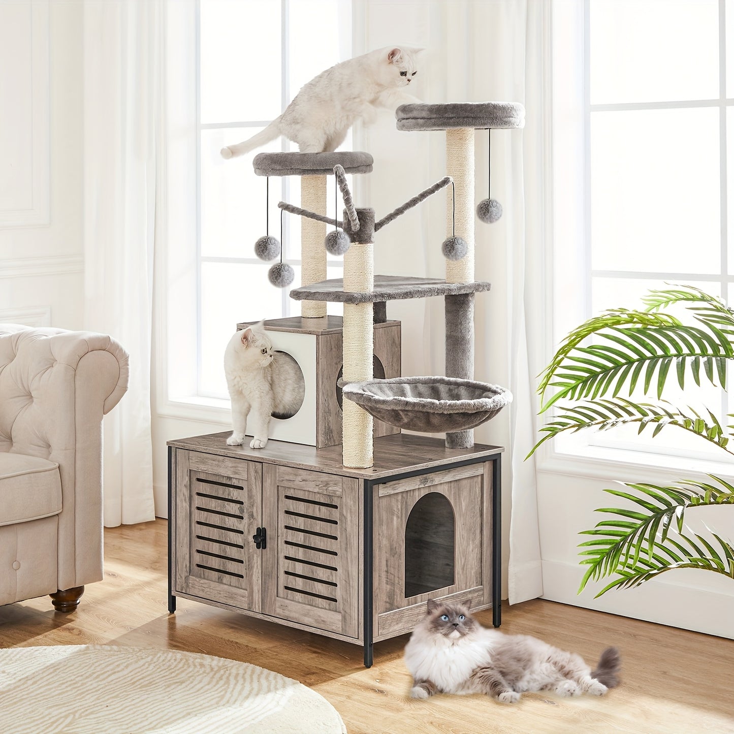 All-in-One Cat Tree Tower with Built-in Litter Box Cabinet - Multi-Level Scratching Post & Plush Ball Perches for Large Cats & Multi-Cat Homes in Vintage Brown & Grey - Quality Shopping Centre