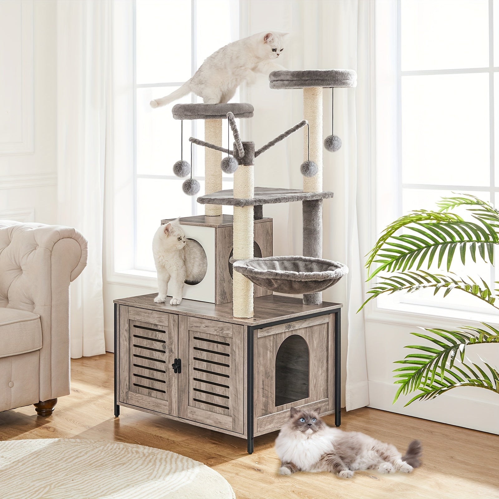 All-in-One Cat Tree Tower with Built-in Litter Box Cabinet - Multi-Level Scratching Post & Plush Ball Perches for Large Cats & Multi-Cat Homes in Vintage Brown & Grey - Quality Shopping Centre