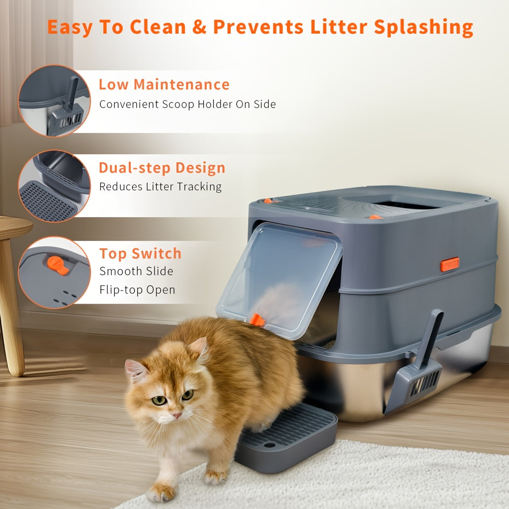 Extra Large Cat Litter Box with Cover - Front Entry/Top Exit Design, Durable Stainless Steel with Built-in Golden Metal Scoop, Easy-Clean Rectangular Litter Pan for Large Cats & Kittens in Modern Grey - Quality Shopping Centre