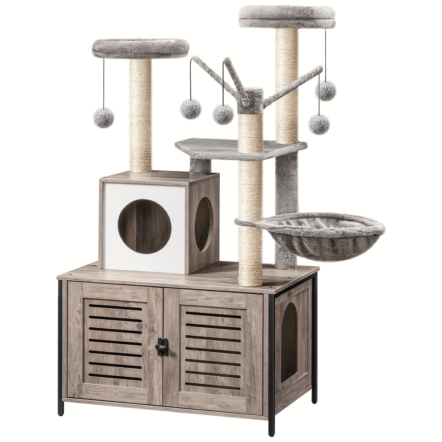 All-in-One Cat Tree Tower with Built-in Litter Box Cabinet - Multi-Level Scratching Post & Plush Ball Perches for Large Cats & Multi-Cat Homes in Vintage Brown & Grey - Quality Shopping Centre