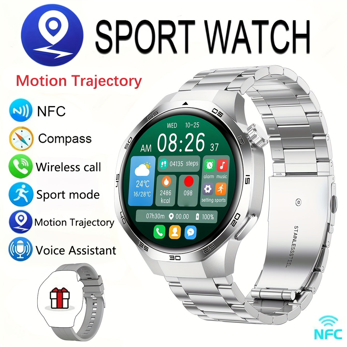 2025 New GPS Motion Trajectory Smart Watch for Men Watch 5 Max, 360*360 HD Screen AI Voice Wireless Call NFC Smartwatch, 100+ Sports Modes, Outdoor Sports Men'S Smart Watch, Compass Fitness Tracker Watch for Men New Year, Fat