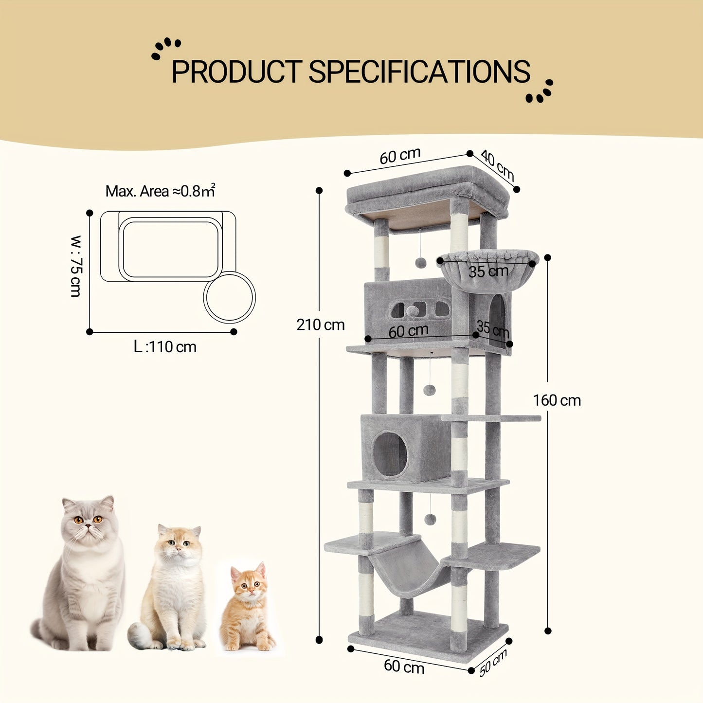 A Large Cat Tree, 210 Centimeters Tall, with 8 Scratching Posts, Cushions, 2 Holes, Washable Mats, Hammock, Plush Balls, Multi-Level Large Cat Tree, Light Grey