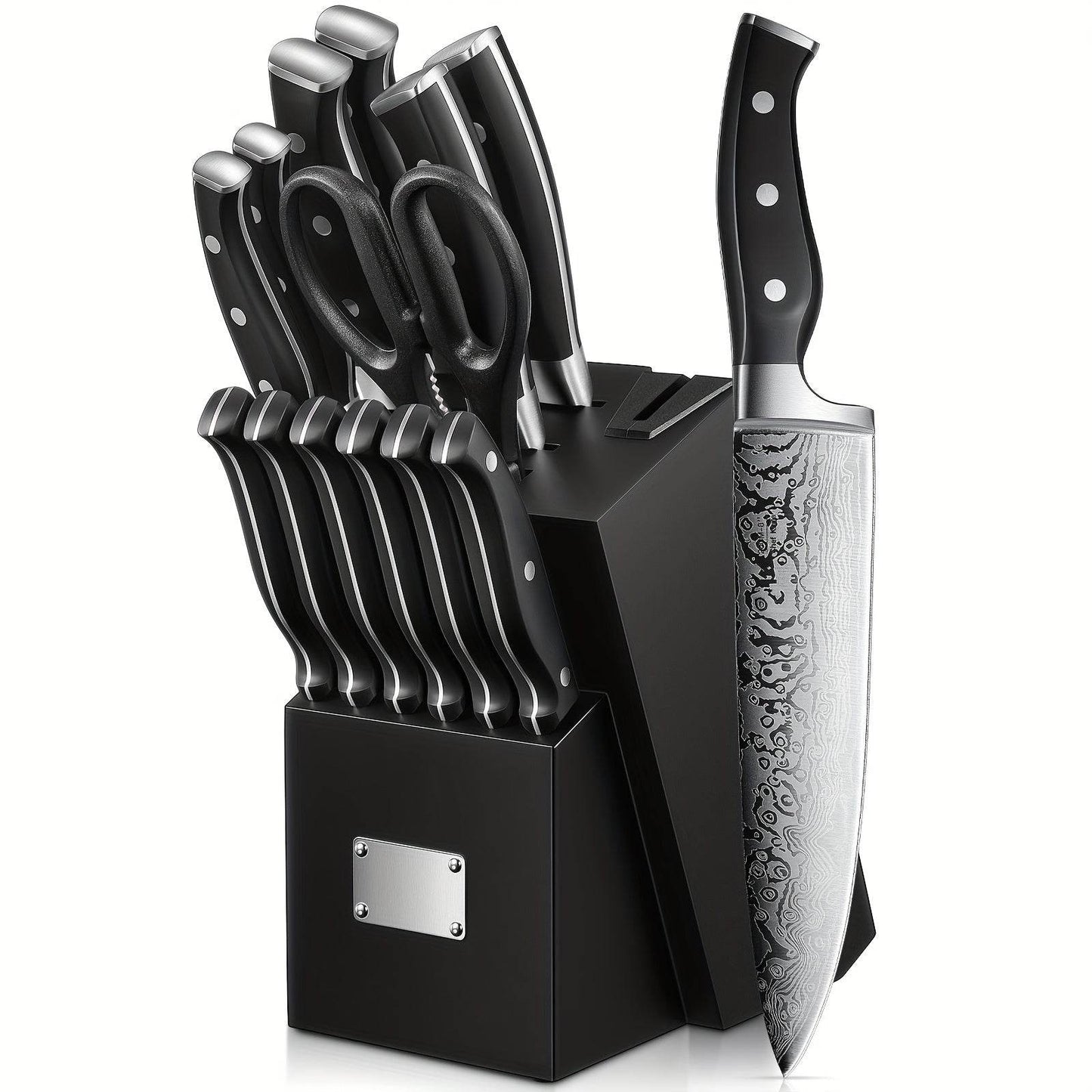 14pcs Kitchen Knife Set With Built-in Sharpener, Kitchen Knives With Unique Waved Pattern, Non-slip Handle, Black - Quality Shopping Centre