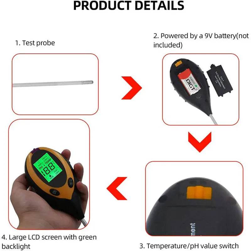 [EU Stock] Soil PH Tester 4 in 1 PH Light Moisture Acidity Tester Soil Tester Moisture Meter Plant Soil Tester Kit for Flowers - Quality Shopping Centre