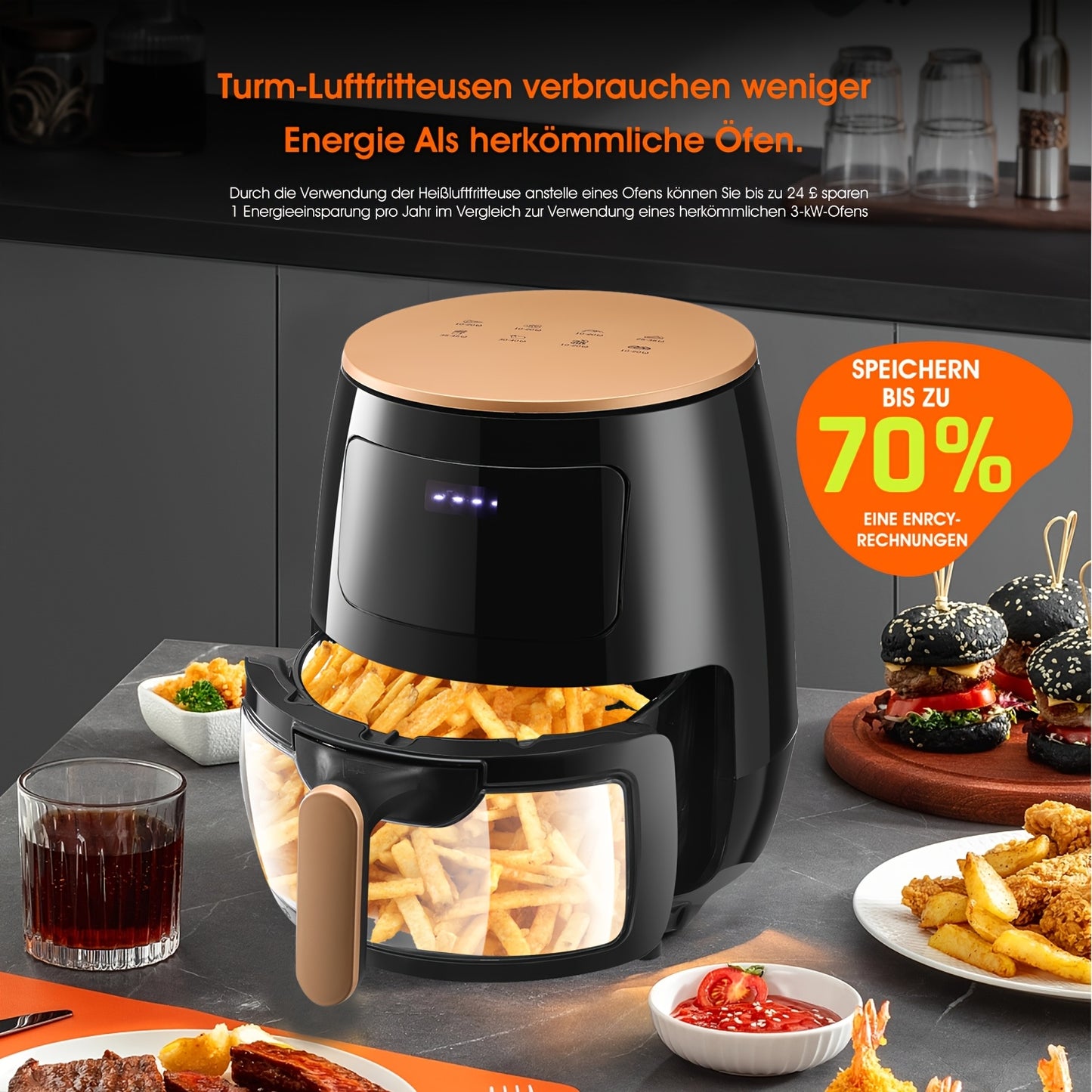 Hot Air Fryer, 6 Litres, Air Fryer, Digital LED Touchscreen, Viewing Window, 6 Cooking Functions, Preheating And Keeping Hot, Oil Free, 1700 W