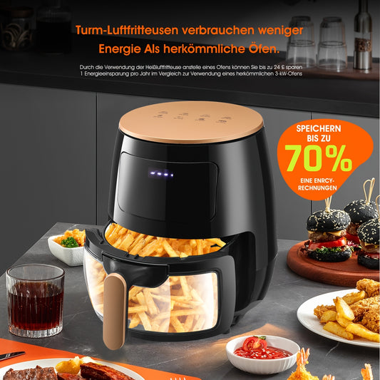 Hot Air Fryer, 6 Litres, Air Fryer, Digital LED Touchscreen, Viewing Window, 6 Cooking Functions, Preheating And Keeping Hot, Oil Free, 1700 W