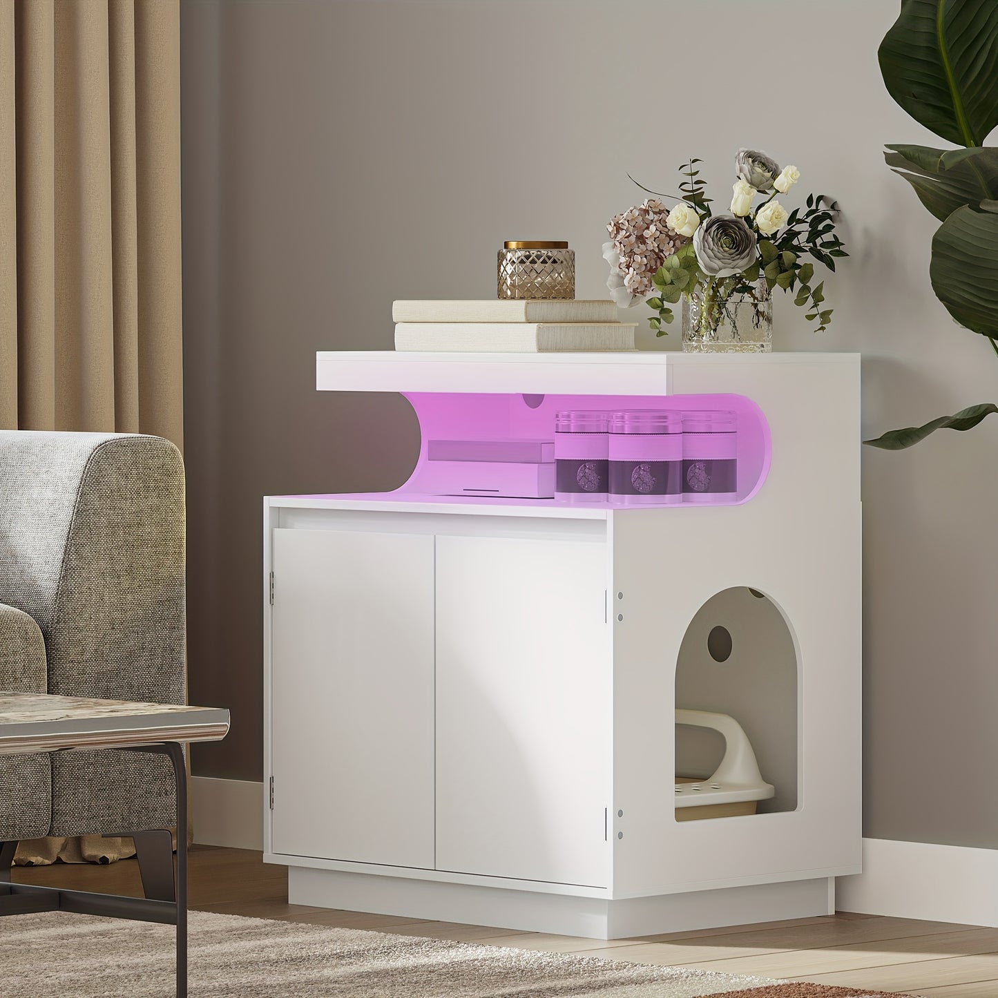 Cat Litter Box Cabinet with Shelf and Remote Controlled Light Bar - Hidden Indoor Cat House for Large Cats, 68 X 48 X 74 Cm, White - Quality Shopping Centre