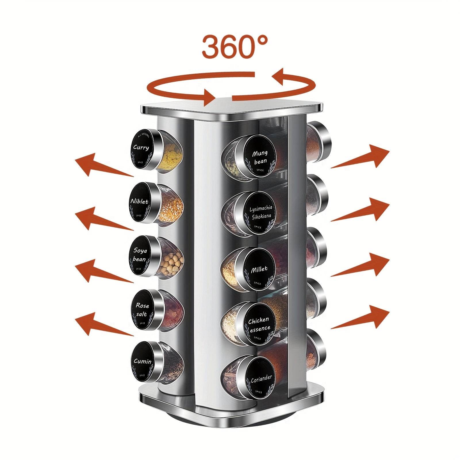 Miorkly Quadrat Spice Rack, with 20 Spices Jars, 360 Degree Rotating Stainless Steel Spice Turntable, Spice Storage Box, Vertical Spice Rack, Spices Jar with Dispenser, Spice Bottle - Quality Shopping Centre