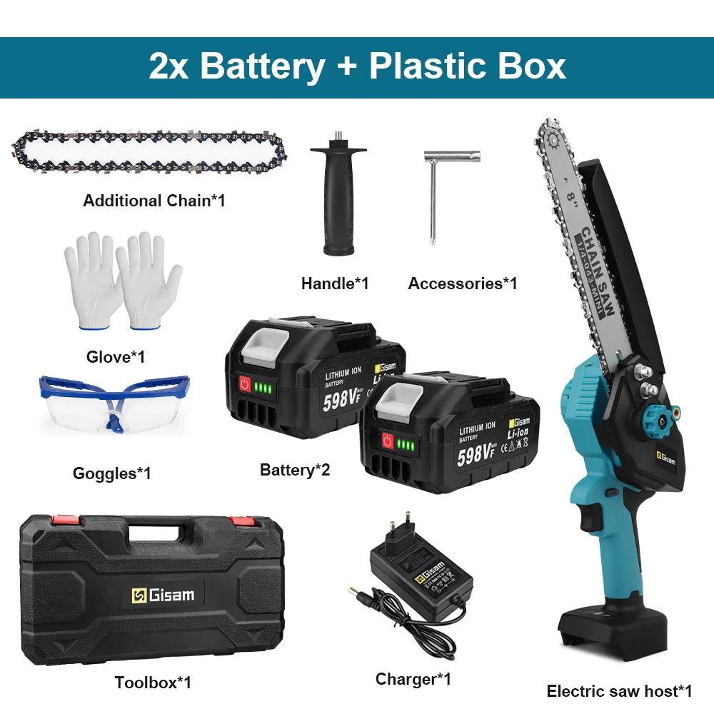 Gisam 8 Inch Brushless Chain Saw with Oil Can Cordless Handheld Pruning Chainsaw Woodworking Electric Saw Cutting Power Tools - Quality Shopping Centre