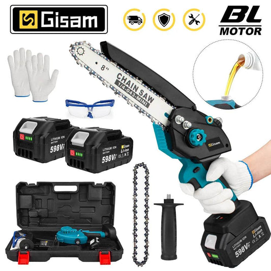 Gisam 8 Inch Brushless Chain Saw with Oil Can Cordless Handheld Pruning Chainsaw Woodworking Electric Saw Cutting Power Tools - Quality Shopping Centre