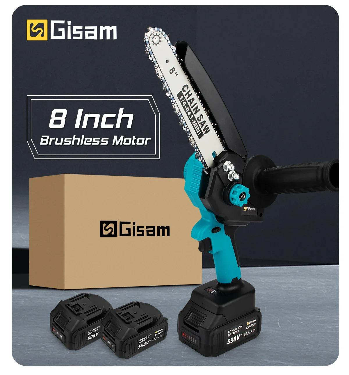 Gisam 8 Inch Brushless Chain Saw with Oil Can Cordless Handheld Pruning Chainsaw Woodworking Electric Saw Cutting Power Tools - Quality Shopping Centre