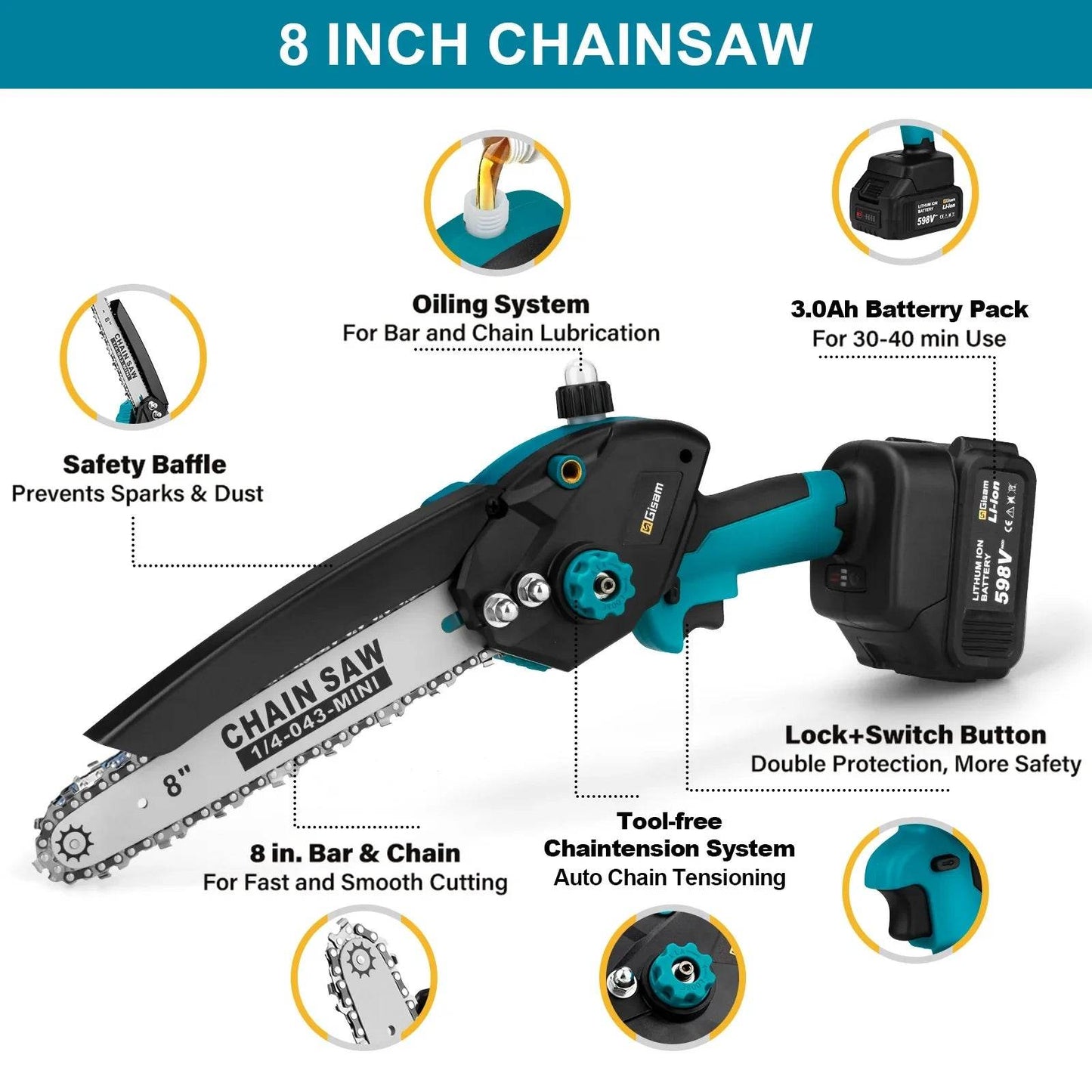 Gisam 8 Inch Brushless Chain Saw with Oil Can Cordless Handheld Pruning Chainsaw Woodworking Electric Saw Cutting Power Tools - Quality Shopping Centre
