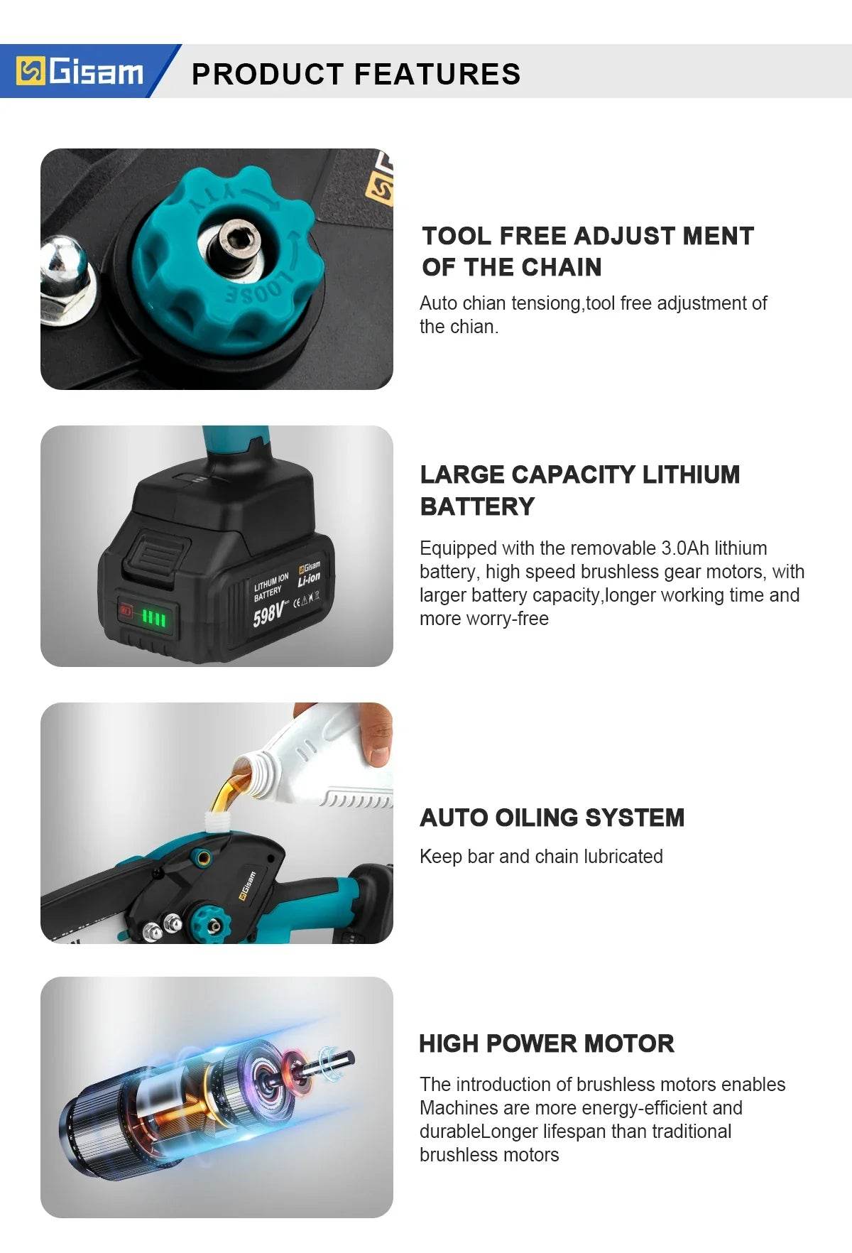 Gisam 8 Inch Brushless Chain Saw with Oil Can Cordless Handheld Pruning Chainsaw Woodworking Electric Saw Cutting Power Tools - Quality Shopping Centre