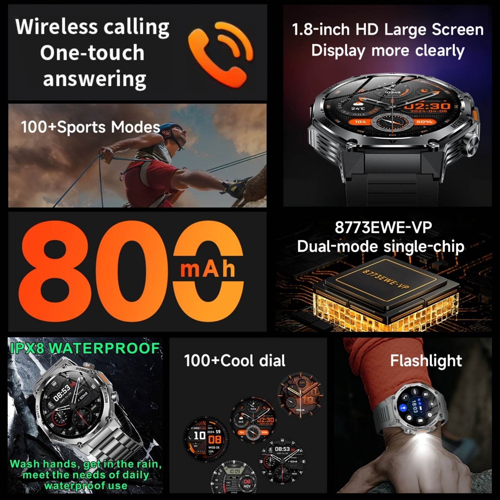 High-Quality Men'S Outdoor Sports Smartwatch (Answer/Make Calls), 800Mah Battery, 1.8-Inch HD Full Touchscreen, Over 100 Sports Modes, Flashlight Feature, Pedometer, Compatible with Iphone And Android Phones, Perfect Gift for - Quality Shopping Centre