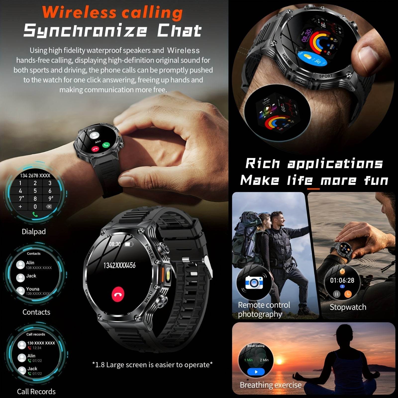 High-Quality Men'S Outdoor Sports Smartwatch (Answer/Make Calls), 800Mah Battery, 1.8-Inch HD Full Touchscreen, Over 100 Sports Modes, Flashlight Feature, Pedometer, Compatible with Iphone And Android Phones, Perfect Gift for - Quality Shopping Centre