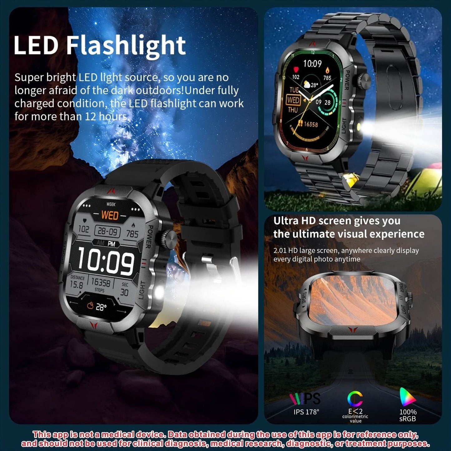 Men'S Outdoor Sports Smartwatch with 3 Different Straps, Wireless Calling And Information Prompts, 2.01-Inch High-Definition Full Touch Screen,, Flashlight, Multiple Sports Modes, Compatible with Iphone And Android Phones, Me - Quality Shopping Centre