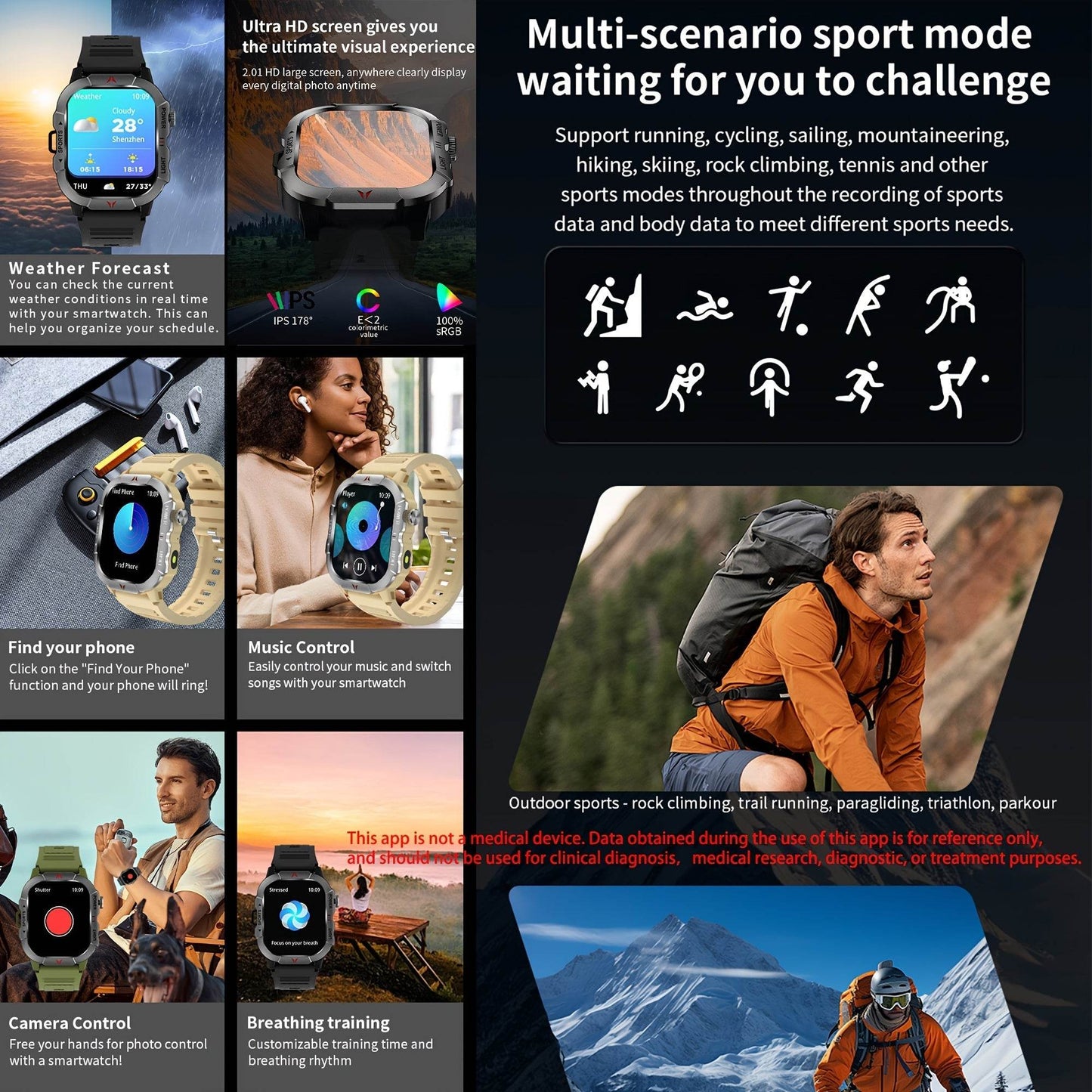 Men'S Outdoor Sports Smartwatch with 3 Different Straps, Wireless Calling And Information Prompts, 2.01-Inch High-Definition Full Touch Screen,, Flashlight, Multiple Sports Modes, Compatible with Iphone And Android Phones, Me - Quality Shopping Centre