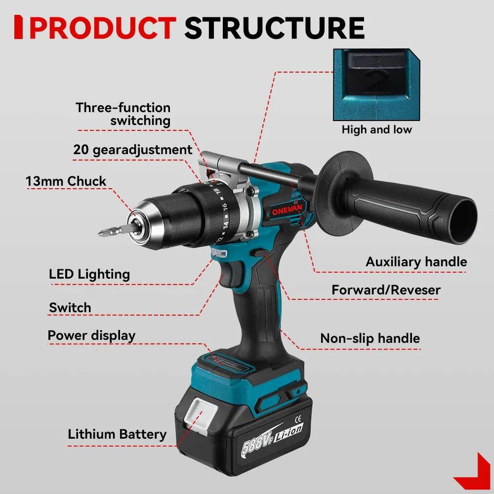 ONEVAN 13MM 650NM Brushless Electric Impact Drill Cordless Screwdriver Drill Li-Ion Batteries Power Tool For makita 18v battery - Quality Shopping Centre