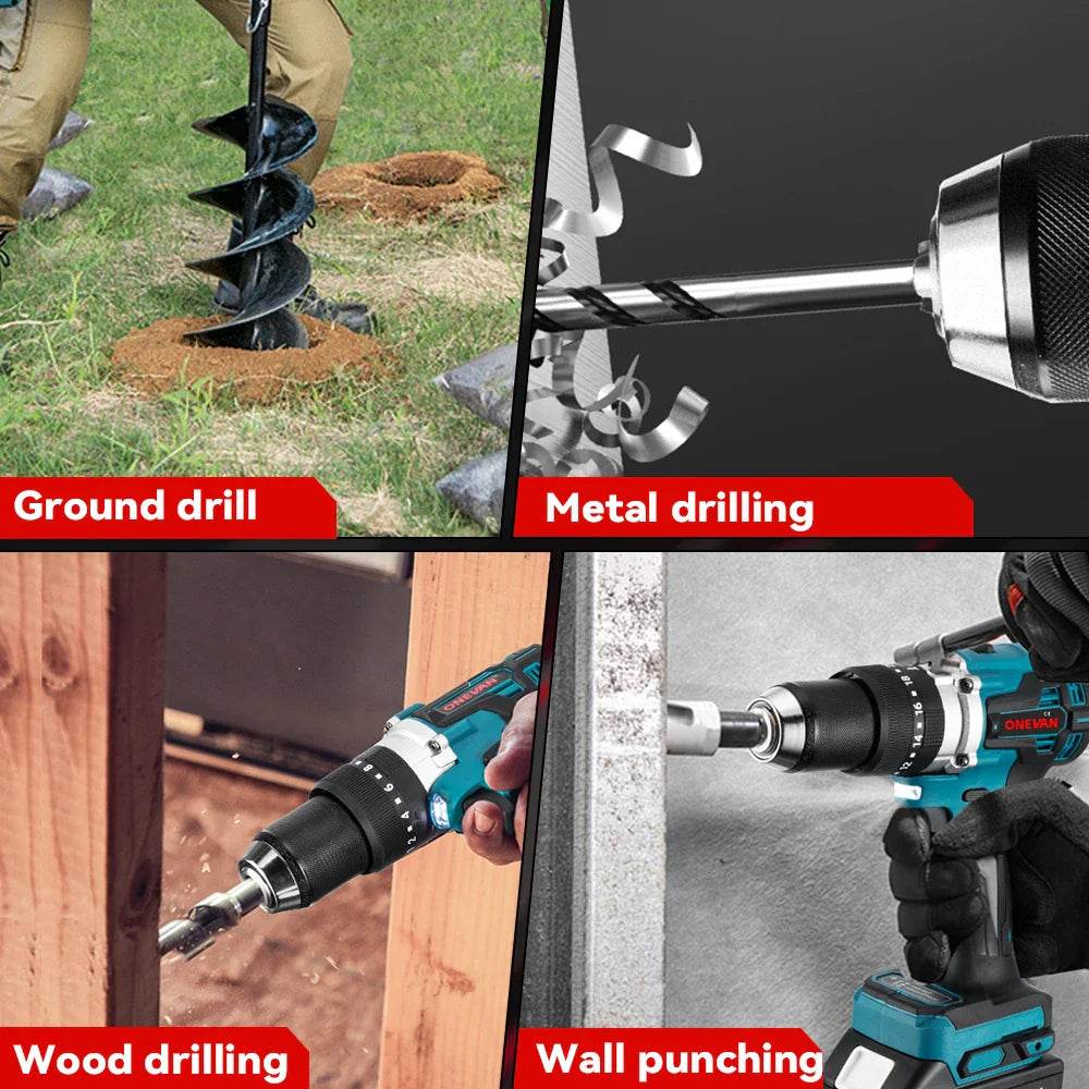 ONEVAN 13MM 650NM Brushless Electric Impact Drill Cordless Screwdriver Drill Li-Ion Batteries Power Tool For makita 18v battery - Quality Shopping Centre