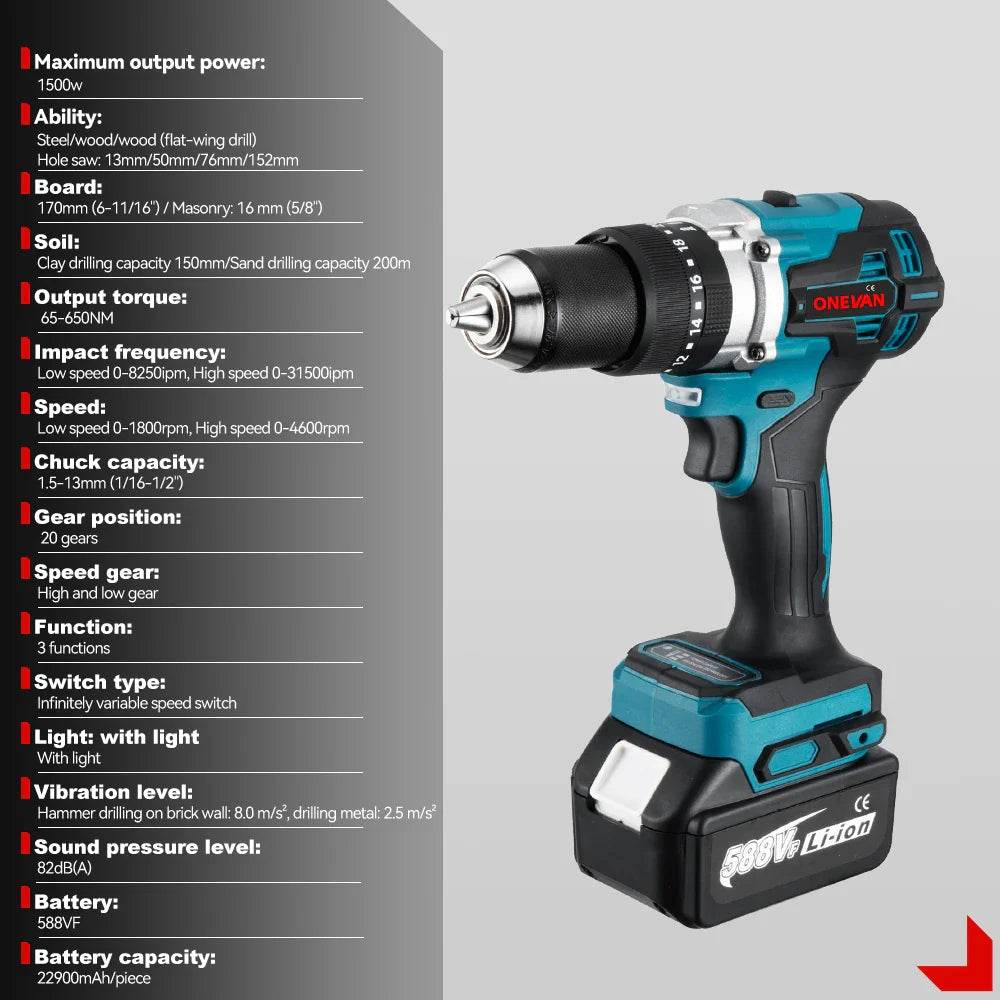 ONEVAN 13MM 650NM Brushless Electric Impact Drill Cordless Screwdriver Drill Li-Ion Batteries Power Tool For makita 18v battery - Quality Shopping Centre