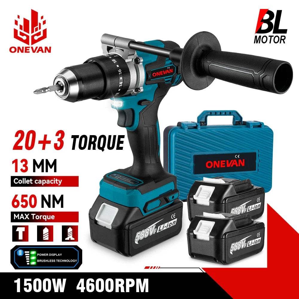 ONEVAN 13MM 650NM Brushless Electric Impact Drill Cordless Screwdriver Drill Li-Ion Batteries Power Tool For makita 18v battery - Quality Shopping Centre