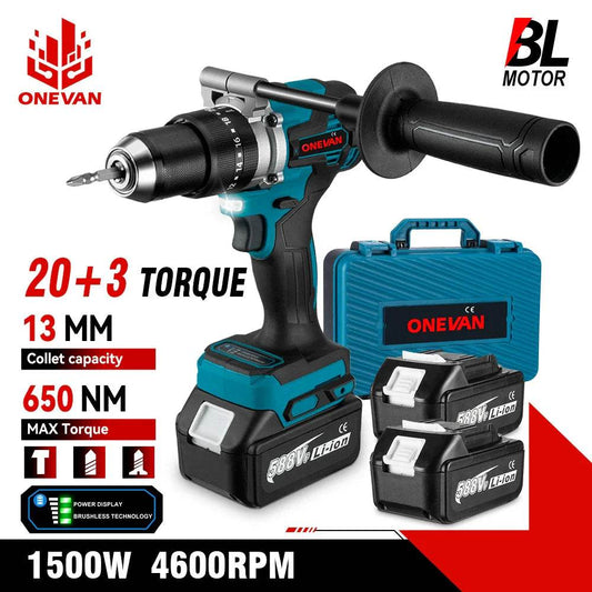 ONEVAN 13MM 650NM Brushless Electric Impact Drill Cordless Screwdriver Drill Li-Ion Batteries Power Tool For makita 18v battery - Quality Shopping Centre
