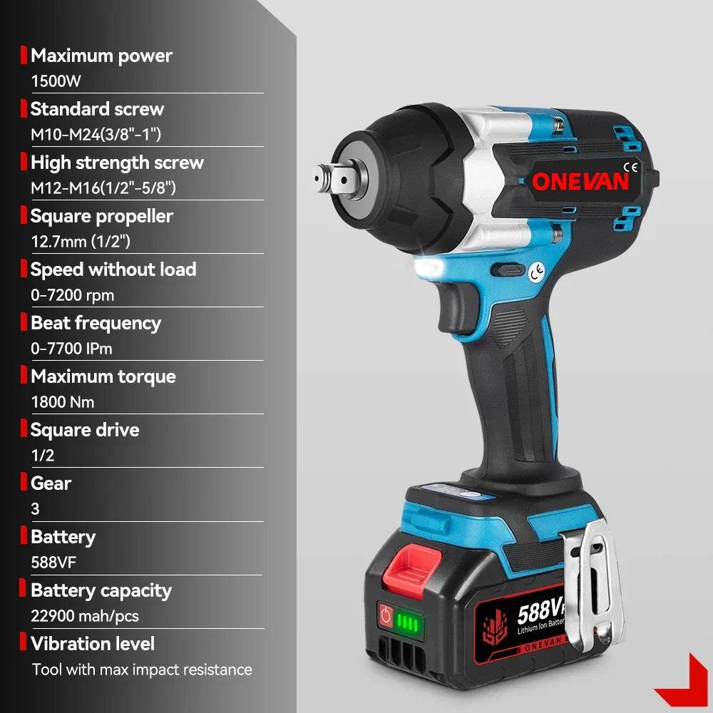 ONEVAN 1800N.M Torque Brushless Electric Impact Wrench 1/2 inch Screwdriver Cordless Wrench Power Tools For Makita 18V Battery - Quality Shopping Centre