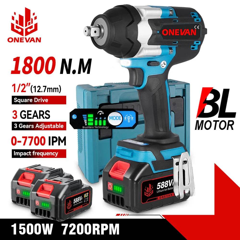 ONEVAN 1800N.M Torque Brushless Electric Impact Wrench 1/2 inch Screwdriver Cordless Wrench Power Tools For Makita 18V Battery - Quality Shopping Centre