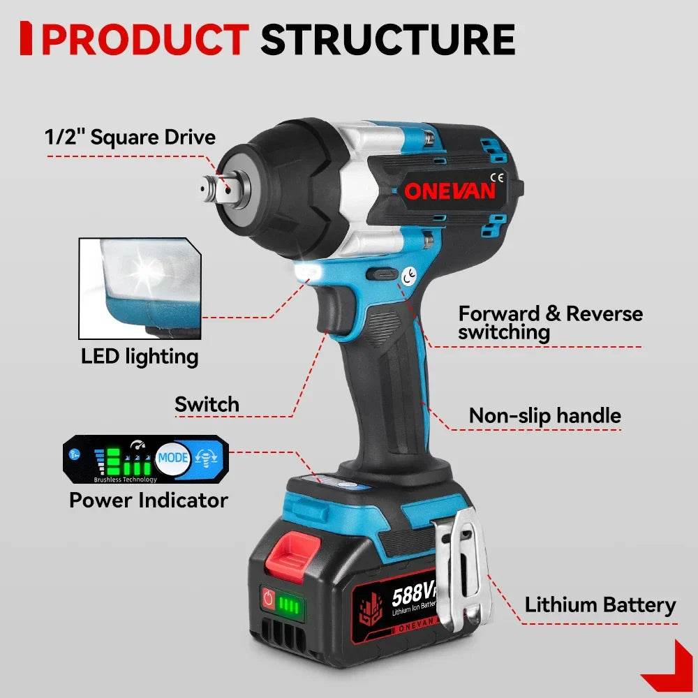 ONEVAN 1800N.M Torque Brushless Electric Impact Wrench 1/2 inch Screwdriver Cordless Wrench Power Tools For Makita 18V Battery - Quality Shopping Centre