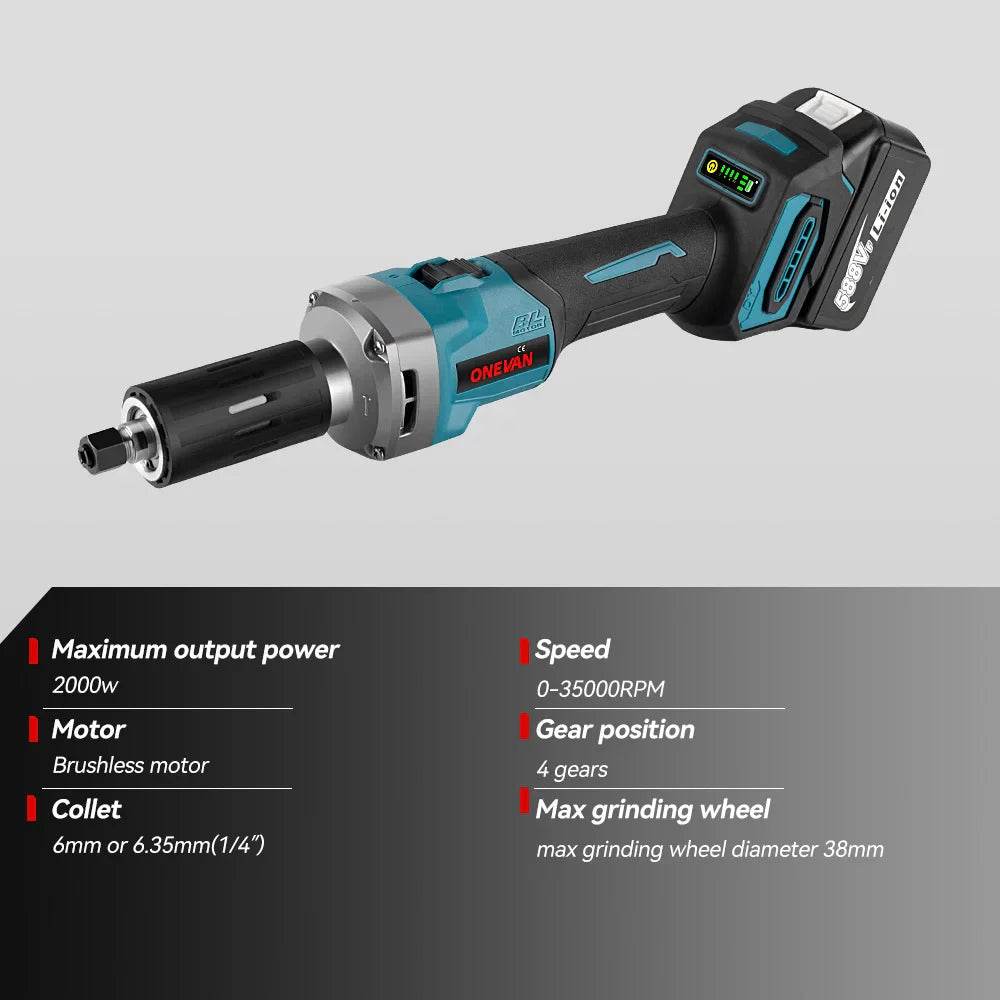 ONEVAN 2000W Brushless Electric Die Grinder 35000RPM 6mm Cordless 4 Gears Variable Grinding Rotary Tools For Makita 18v Battery - Quality Shopping Centre