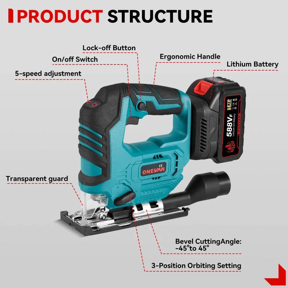ONEVAN 3500RPM Brushless Electric Jig Saw 1000W Jigsaw Adjustable Blade 3 Variable Speed Woodworking Tool for Makita 18V Battery - Quality Shopping Centre