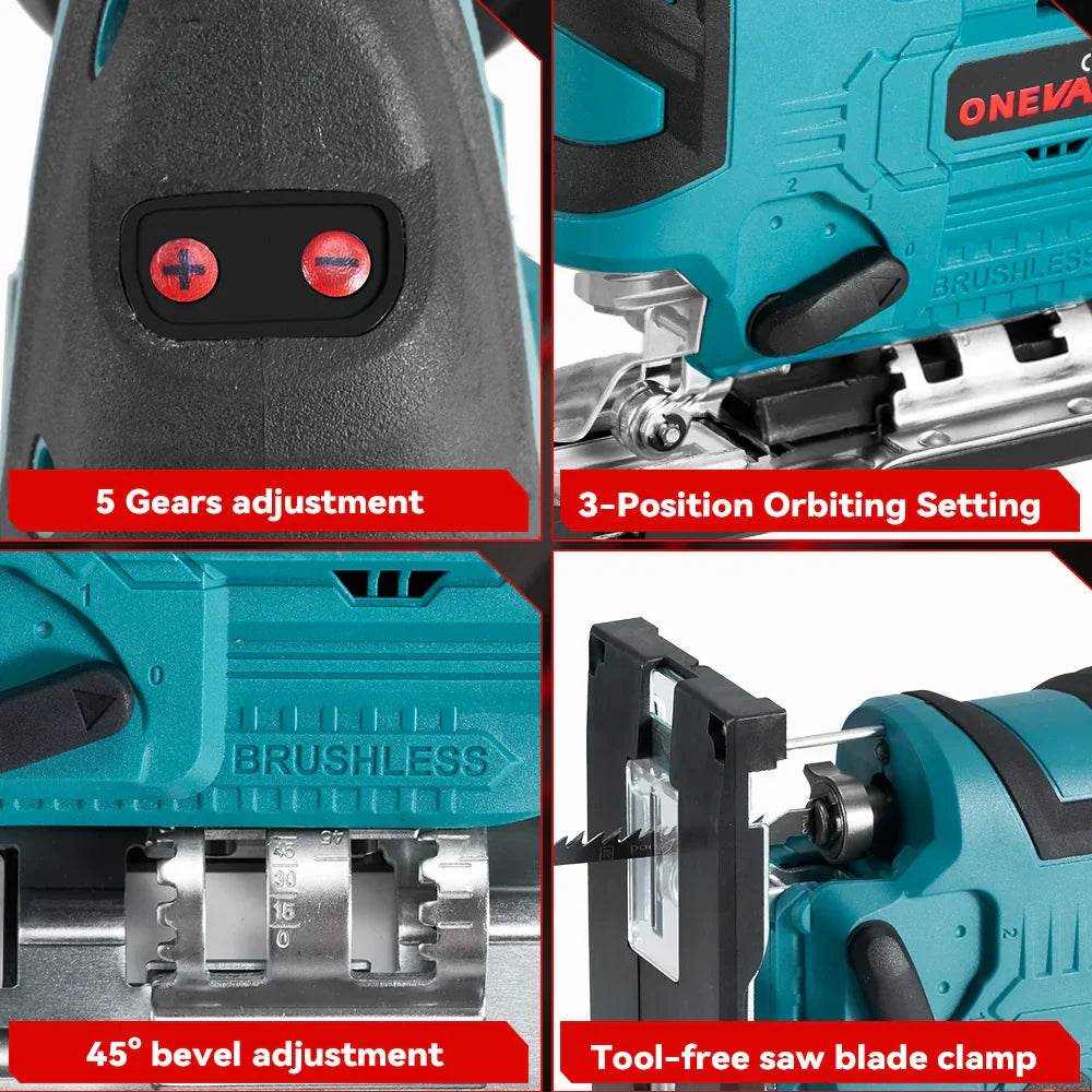 ONEVAN 3500RPM Brushless Electric Jig Saw 1000W Jigsaw Adjustable Blade 3 Variable Speed Woodworking Tool for Makita 18V Battery - Quality Shopping Centre