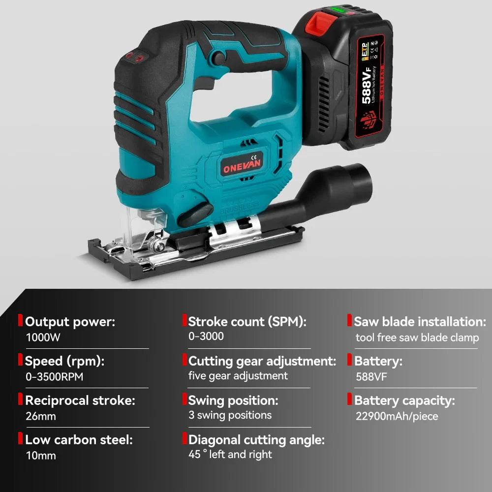ONEVAN 3500RPM Brushless Electric Jig Saw 1000W Jigsaw Adjustable Blade 3 Variable Speed Woodworking Tool for Makita 18V Battery - Quality Shopping Centre