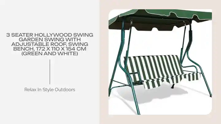 3 Seater Hollywood Swing Garden Swing with Adjustable Roof, Swing Bench, 172 x 110 x 154 cm (Green and White) by@Outfy