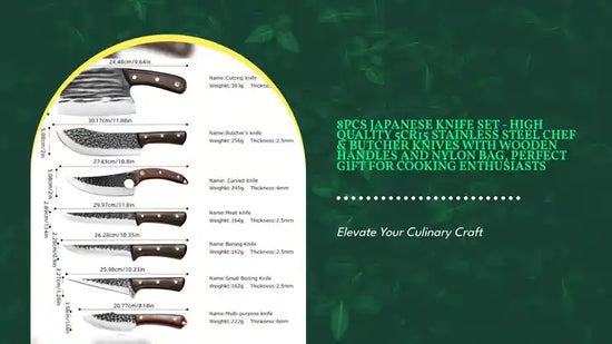 8pcs Japanese Knife Set - High Quality 5Cr15 Stainless Steel Chef &amp; Butcher Knives with Wooden Handles and Nylon Bag, Perfect Gift for Cooking Enthusiasts by@Outfy