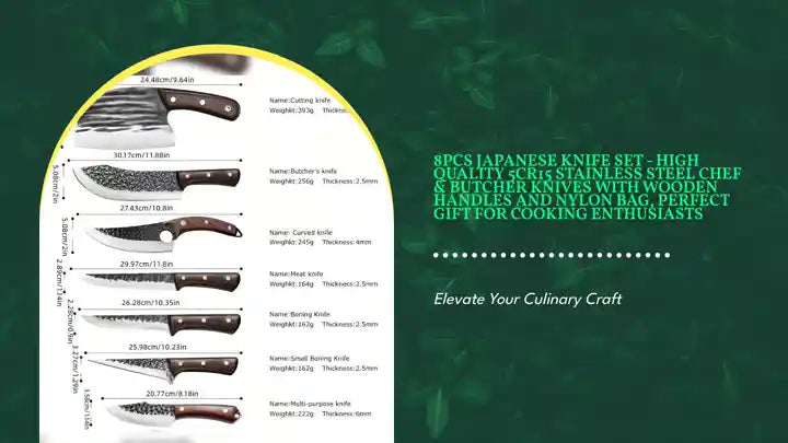 8pcs Japanese Knife Set - High Quality 5Cr15 Stainless Steel Chef & Butcher Knives with Wooden Handles and Nylon Bag, Perfect Gift for Cooking Enthusiasts by@Outfy